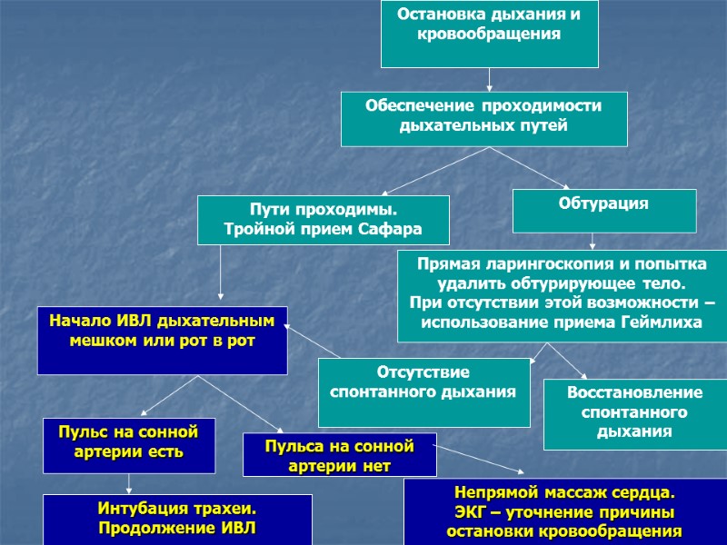 Начало ИВЛ дыхательным мешком или рот в рот Остановка дыхания и кровообращения Обеспечение проходимости